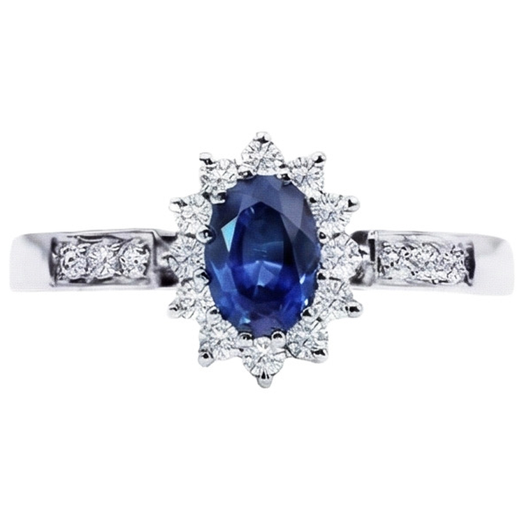 Bague ovale en saphir de Ceylan et diamants Coupe Ronde 2.50 Ct