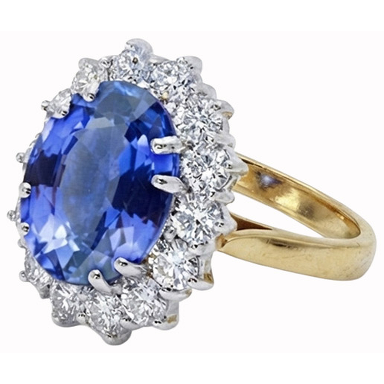 Bague ovale en saphir de Ceylan et diamants de 8.51 cts en or blanc bicolore 14K