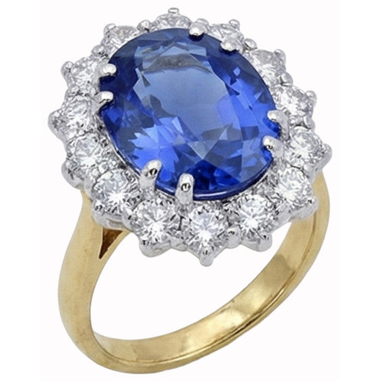 Bague ovale en saphir de Ceylan et diamants de 8.51 cts en or blanc bicolore 14K