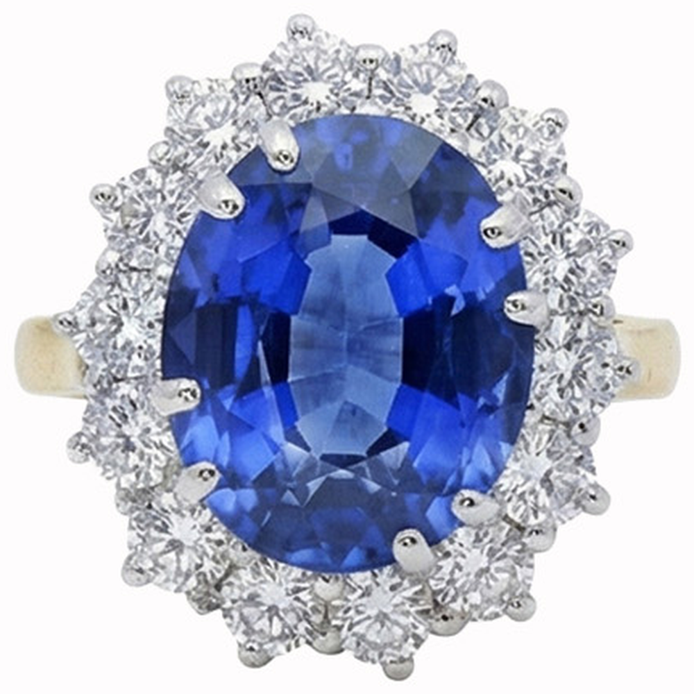 Bague ovale en saphir de Ceylan et diamants de 8.51 cts en or blanc bicolore 14K
