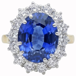 Bague ovale en saphir de Ceylan et diamants de 8.51 cts en or blanc bicolore 14K