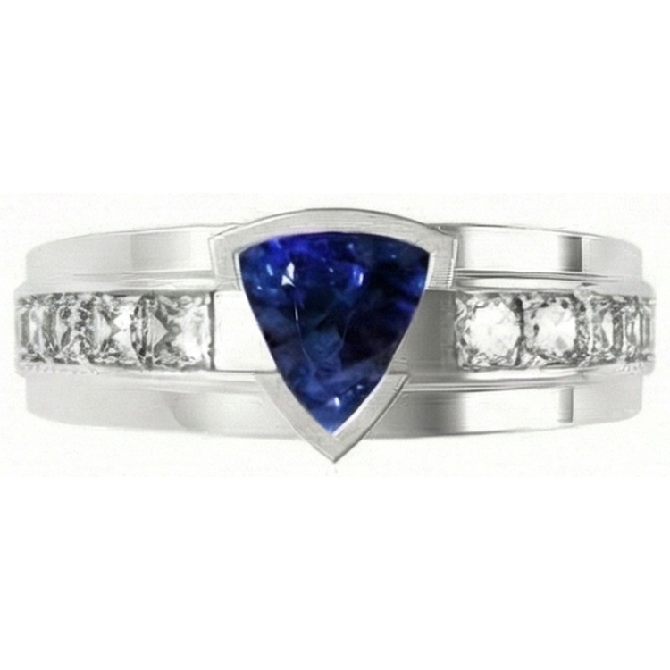 Bague pour homme sertie de diamants trillion demi-lunette saphir bleu 3 ct