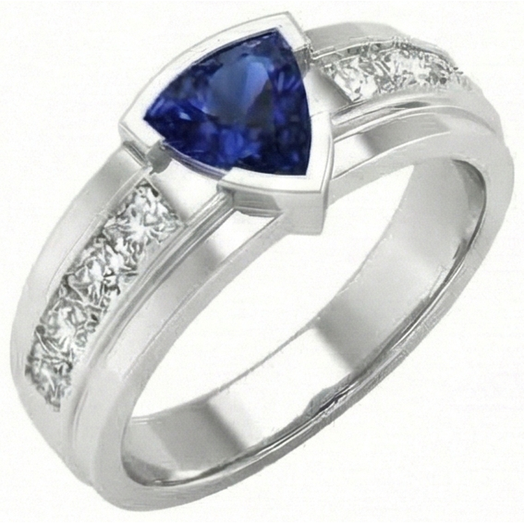 Bague pour homme sertie de diamants trillion demi-lunette saphir bleu 3 ct