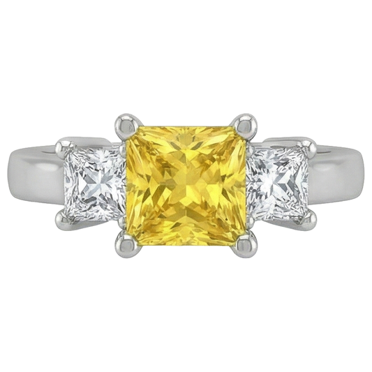 Bague princesse diamant jaune saphir 5 carats 3 pierres or blanc 14K