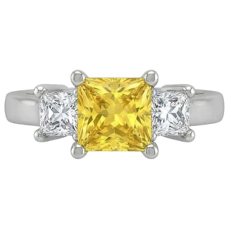 Bague princesse diamant jaune saphir 5 carats 3 pierres or blanc 14K