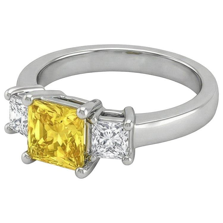 Bague princesse diamant jaune saphir 5 carats 3 pierres or blanc 14K