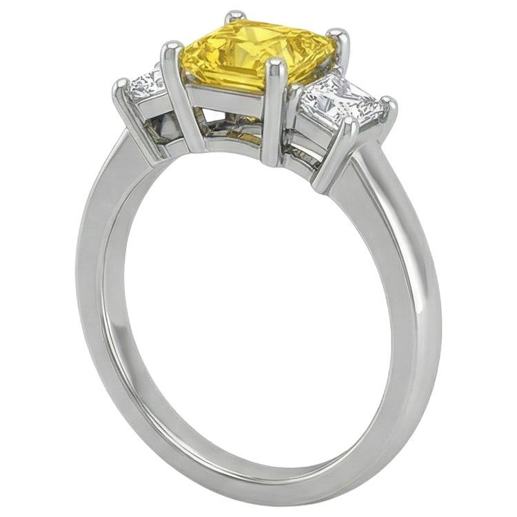 Bague princesse diamant jaune saphir 5 carats 3 pierres or blanc 14K