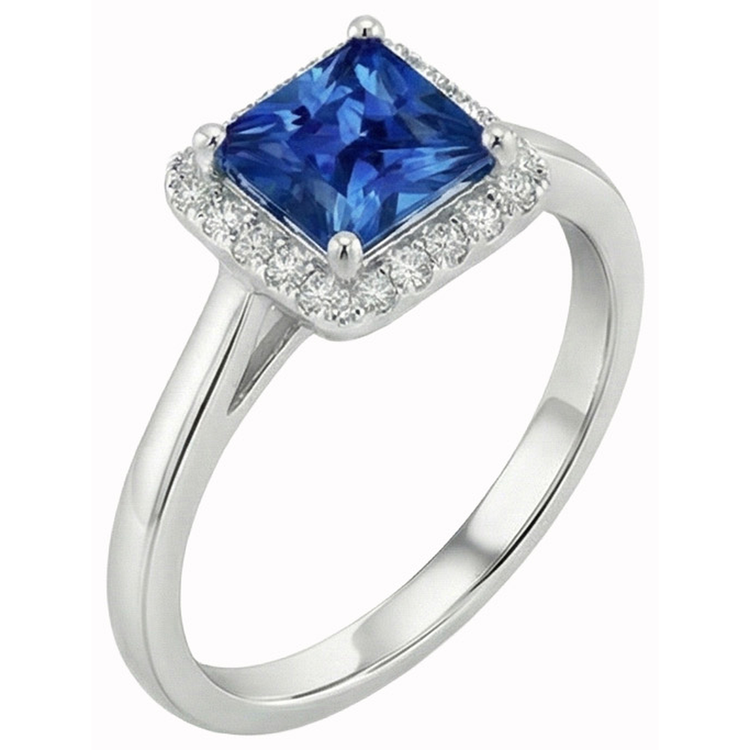 Bague princesse et diamant rond Sri Lanka saphir de 3.50 ct en or blanc