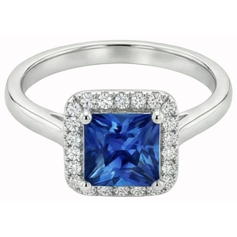 Bague princesse et diamant rond Sri Lanka saphir de 3.50 ct en or blanc