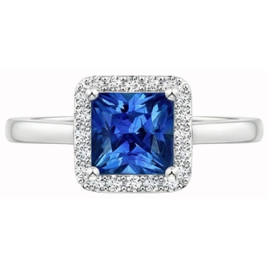 Bague princesse et diamant rond Sri Lanka saphir de 3.50 ct en or blanc