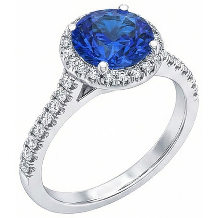 Bague ronde avec halo de diamants saphir bleu du Sri Lanka en or 2.20 carats 14K