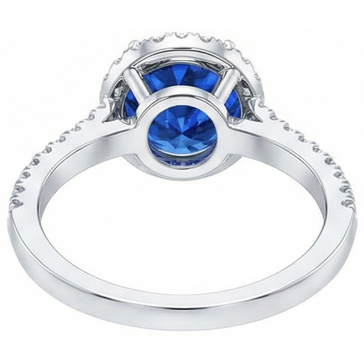 Bague ronde avec halo de diamants saphir bleu du Sri Lanka en or 2.20 carats 14K
