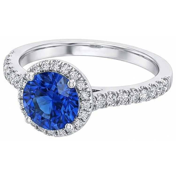 Bague ronde avec halo de diamants saphir bleu du Sri Lanka en or 2.20 carats 14K
