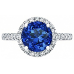 Bague ronde avec halo de diamants saphir bleu du Sri Lanka en or 2.20 carats 14K