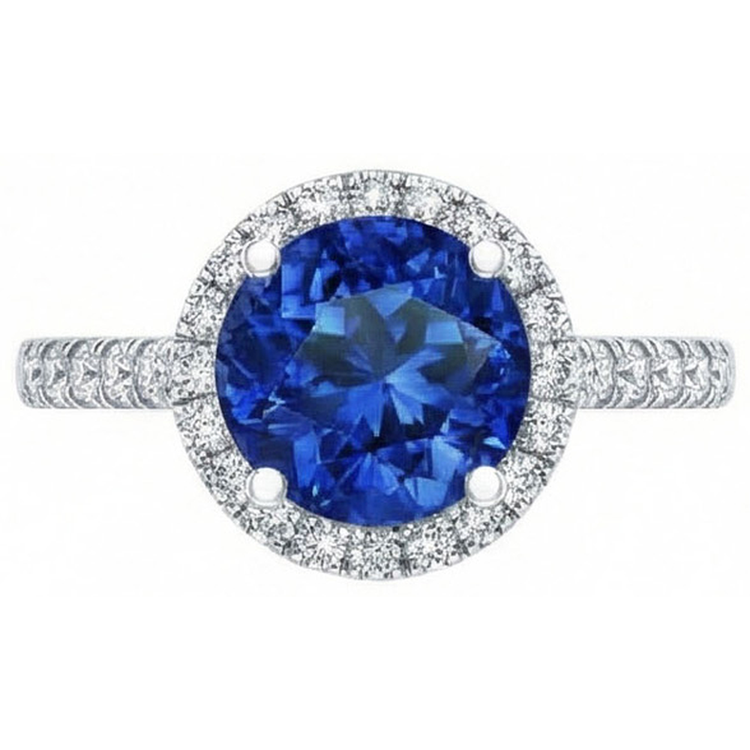 Bague ronde avec halo de diamants saphir bleu du Sri Lanka en or 2.20 carats 14K