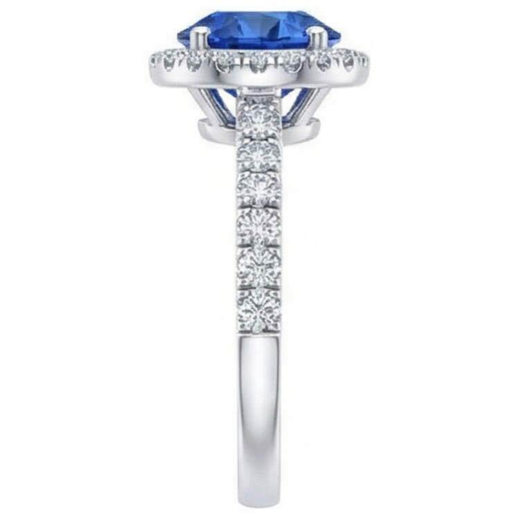 Bague ronde avec halo de diamants saphir bleu du Sri Lanka en or 2.20 carats 14K