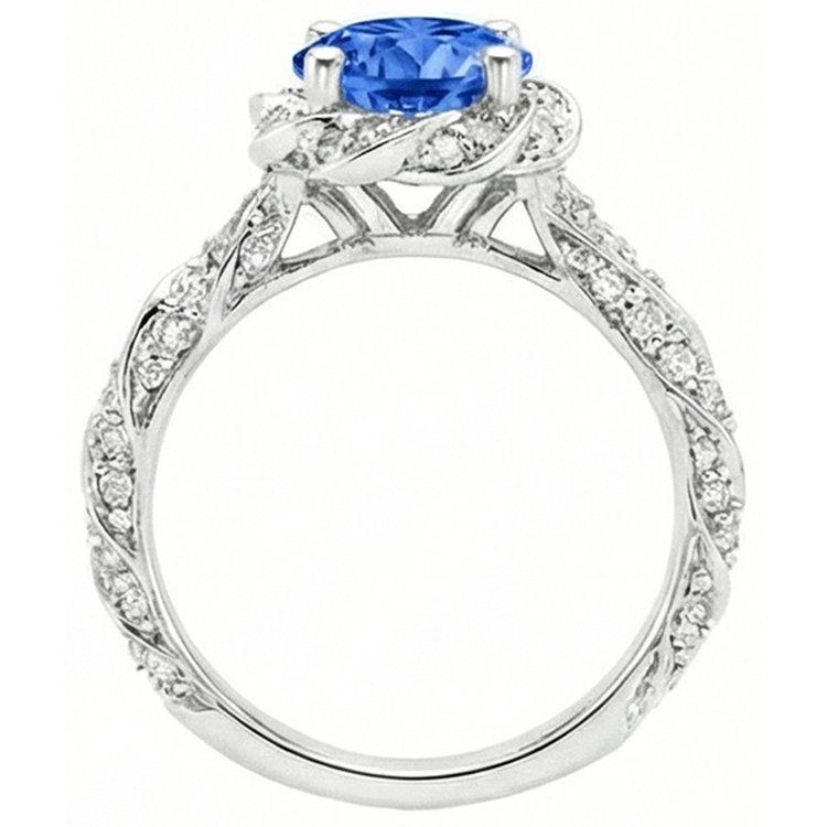 Bague ronde en diamant avec pierre gemme de saphir de Ceylan en or blanc 14k 2.15 ct.