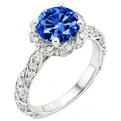 Bague ronde en diamant avec pierre gemme de saphir de Ceylan en or blanc 14k 2.15 ct.