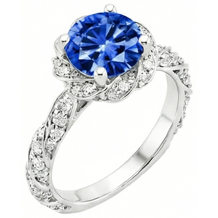 Bague ronde en diamant avec pierre gemme de saphir de Ceylan en or blanc 14k 2.15 ct.