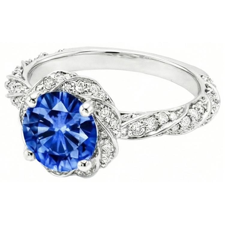 Bague ronde en diamant avec pierre gemme de saphir de Ceylan en or blanc 14k 2.15 ct.