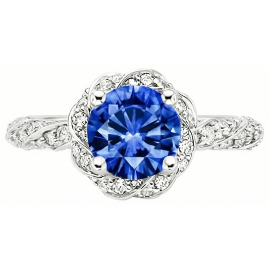 Bague ronde en diamant avec pierre gemme de saphir de Ceylan en or blanc 14k 2.15 ct.