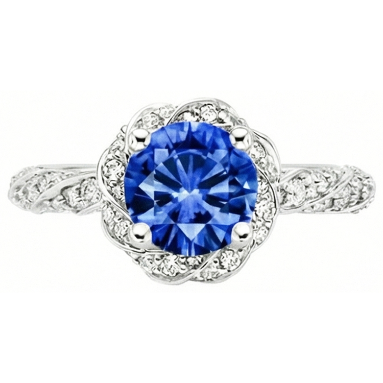 Bague ronde en diamant avec pierre gemme de saphir de Ceylan en or blanc 14k 2.15 ct.