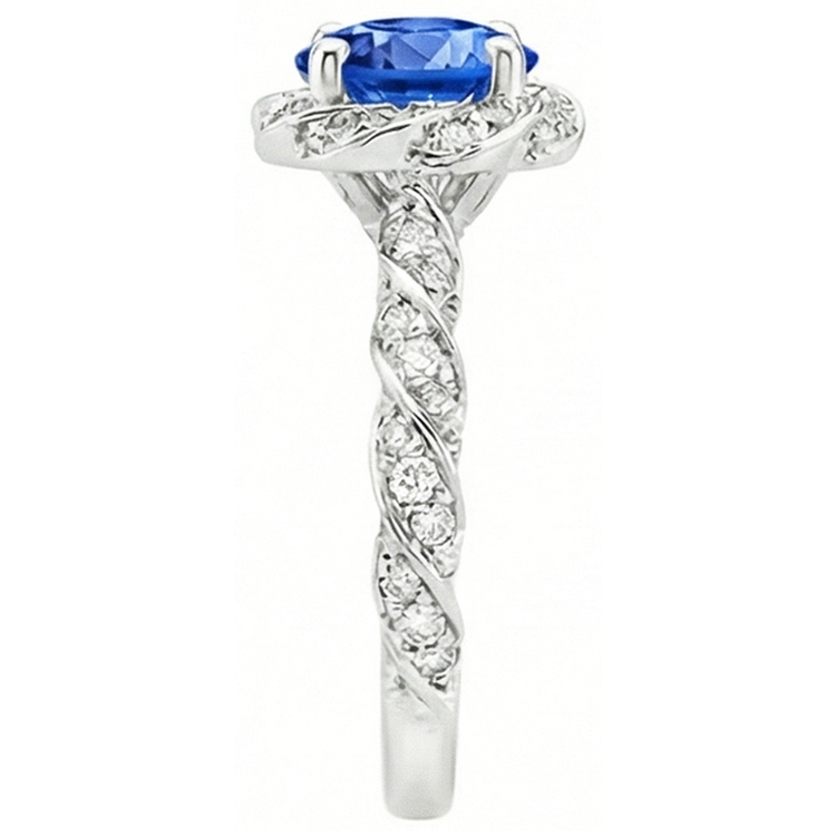 Bague ronde en diamant avec pierre gemme de saphir de Ceylan en or blanc 14k 2.15 ct.