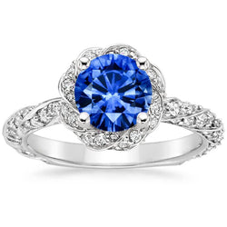 Bague ronde en diamant avec pierre gemme de saphir de Ceylan en or blanc 14k 2.15 ct.