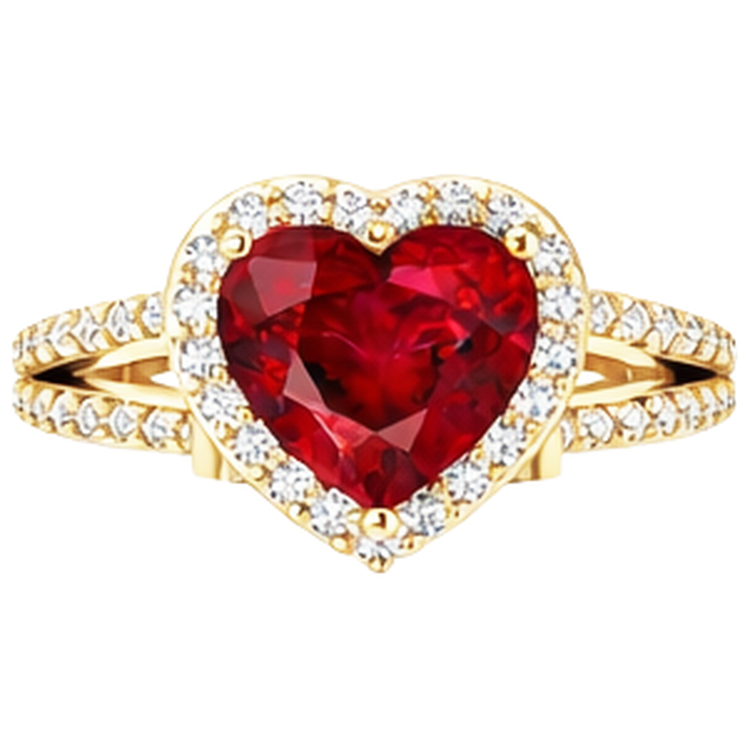 Bague rubis et diamants en forme de cœur de 9 ct en or jaune