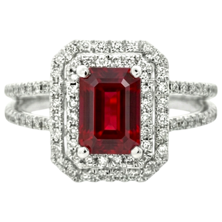 Bague rubis et diamants taille émeraude 5 carats en or blanc 14K Bijoux