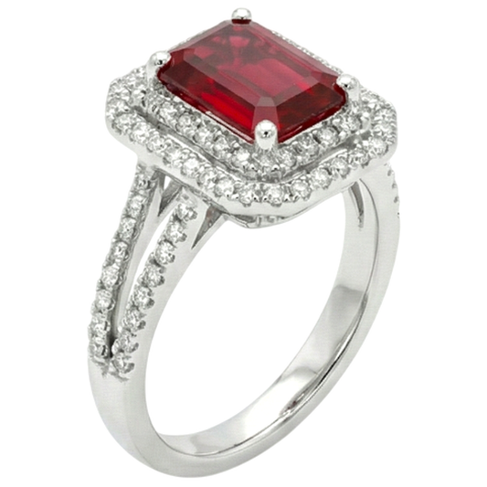 Bague rubis et diamants taille émeraude 5 carats en or blanc 14K Bijoux