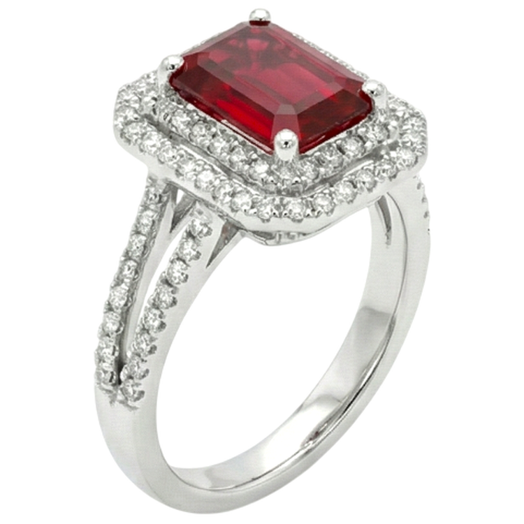 Bague rubis et diamants taille émeraude 5 carats en or blanc 14K Bijoux