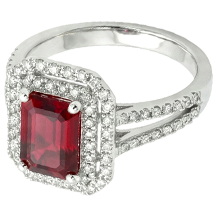 Bague rubis et diamants taille émeraude 5 carats en or blanc 14K Bijoux