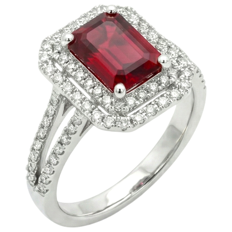 Bague rubis et diamants taille émeraude 5 carats en or blanc 14K Bijoux