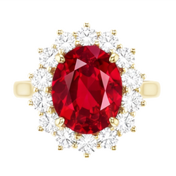 Bague rubis ovale 4 ct avec diamants ronds sertie sur griffes or jaune 14K