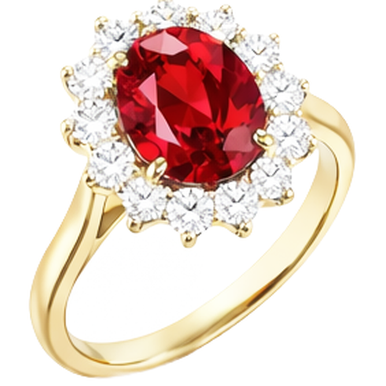 Bague rubis ovale 4 ct avec diamants ronds sertie sur griffes or jaune 14K