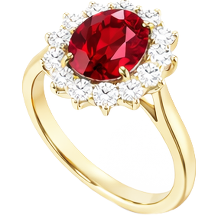 Bague rubis ovale 4 ct avec diamants ronds sertie sur griffes or jaune 14K