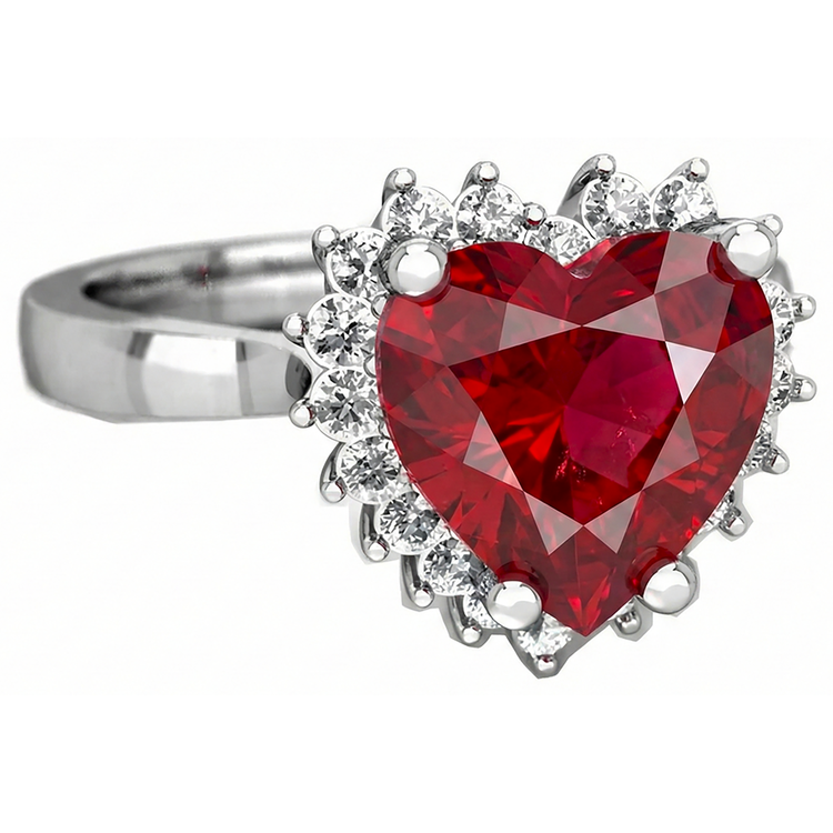 Bague rubis rouge taille coeur et diamant 7.50 carats bijoux or blanc 14k