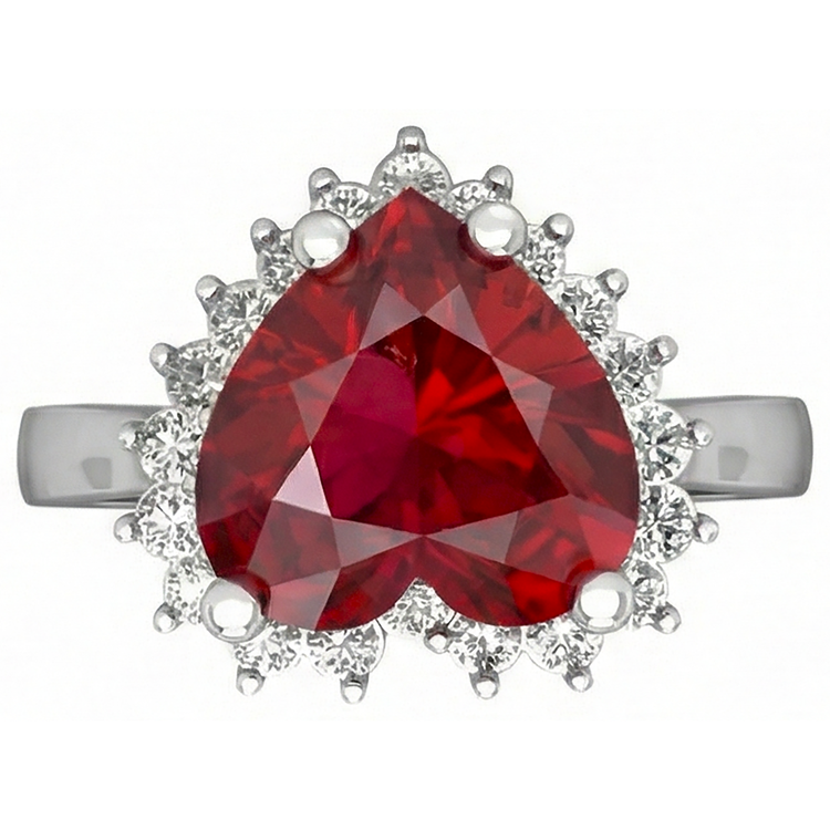 Bague rubis rouge taille coeur et diamant 7.50 carats bijoux or blanc 14k