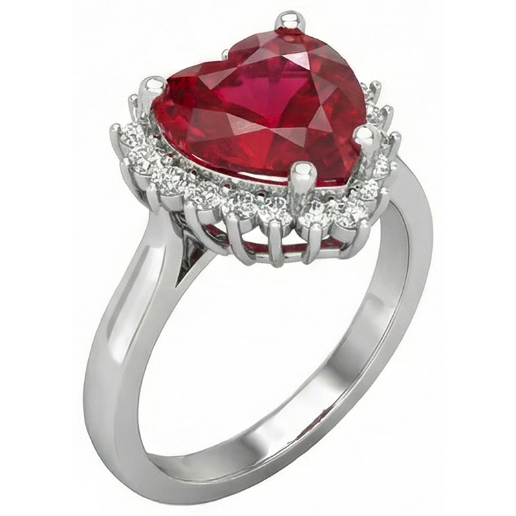 Bague rubis rouge taille coeur et diamant 7.50 carats bijoux or blanc 14k