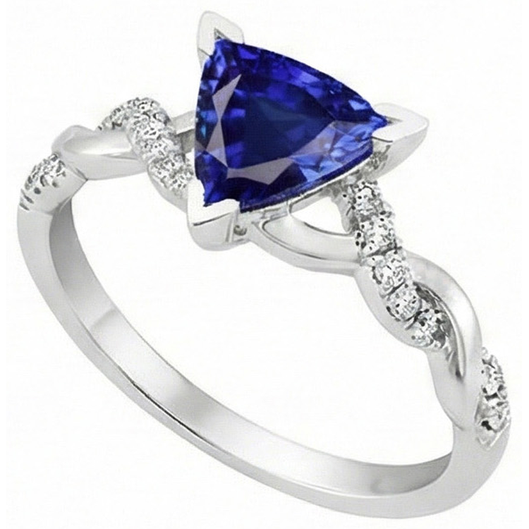 Bague saphir bleu diamant trillion V Prong 2 carats style torsadé