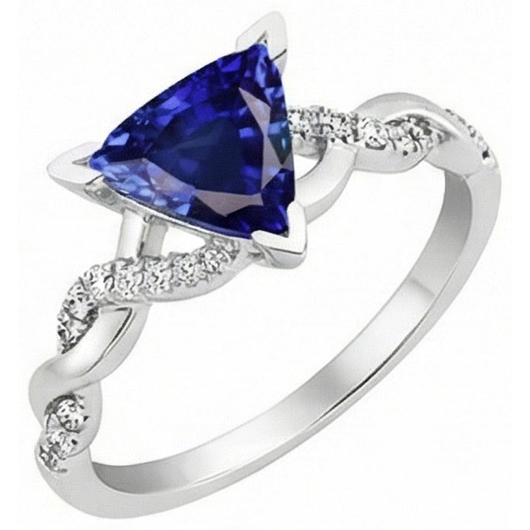 Bague saphir bleu diamant trillion V Prong 2 carats style torsadé