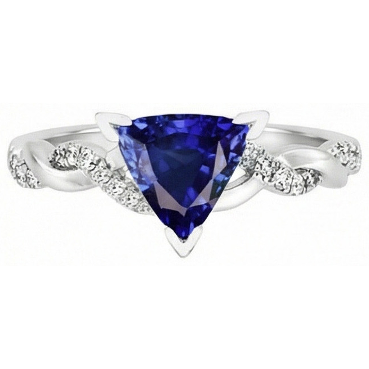 Bague saphir bleu diamant trillion V Prong 2 carats style torsadé