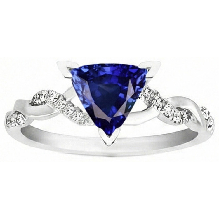 Bague saphir bleu diamant trillion V Prong 2 carats style torsadé