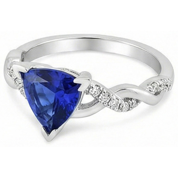 Bague saphir bleu diamant trillion V Prong 2 carats style torsadé