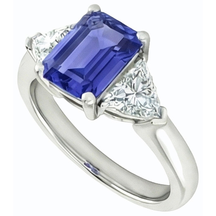 Bague saphir bleu émeraude 3 pierres et paire de trillions de diamants 2 carats