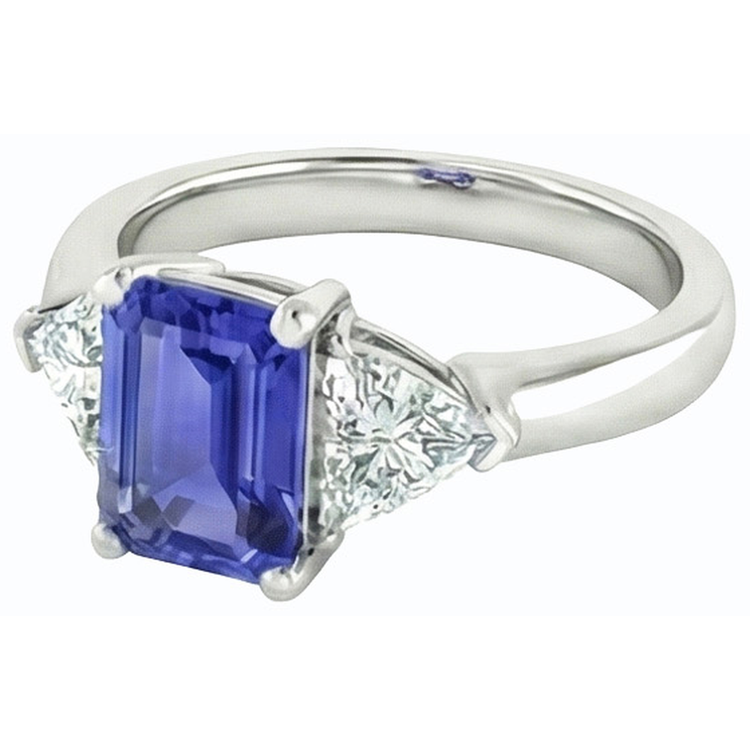 Bague saphir bleu émeraude 3 pierres et paire de trillions de diamants 2 carats