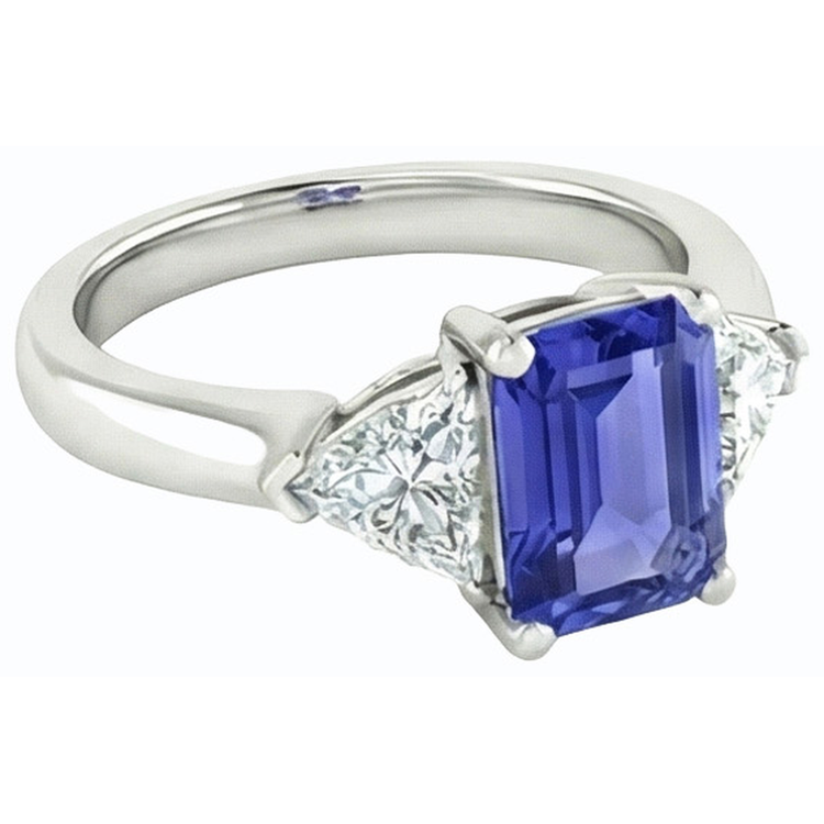 Bague saphir bleu émeraude 3 pierres et paire de trillions de diamants 2 carats