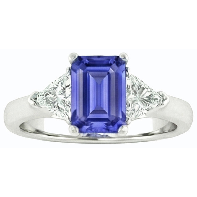 Bague saphir bleu émeraude 3 pierres et paire de trillions de diamants 2 carats