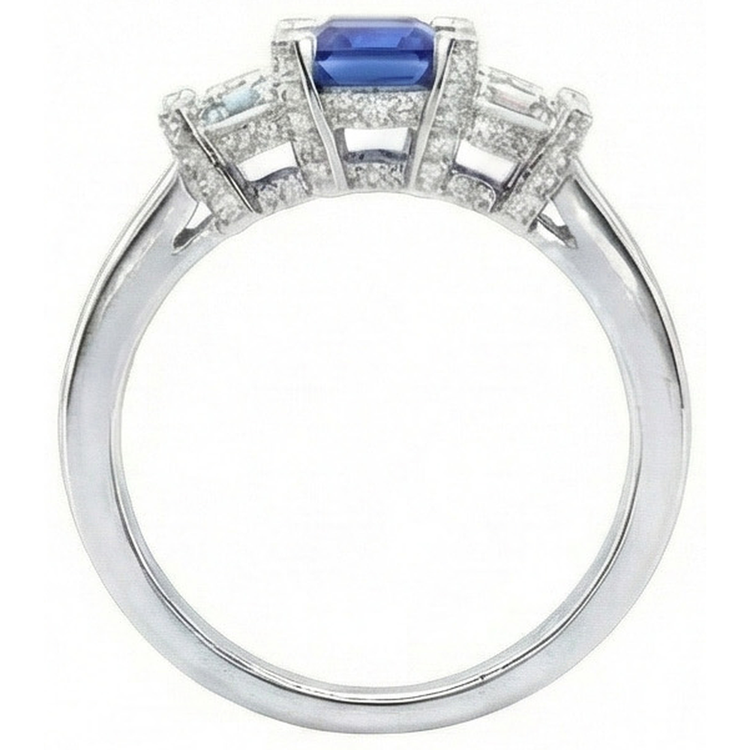 Bague saphir bleu émeraude 3 pierres sertie d'accents 3 carats